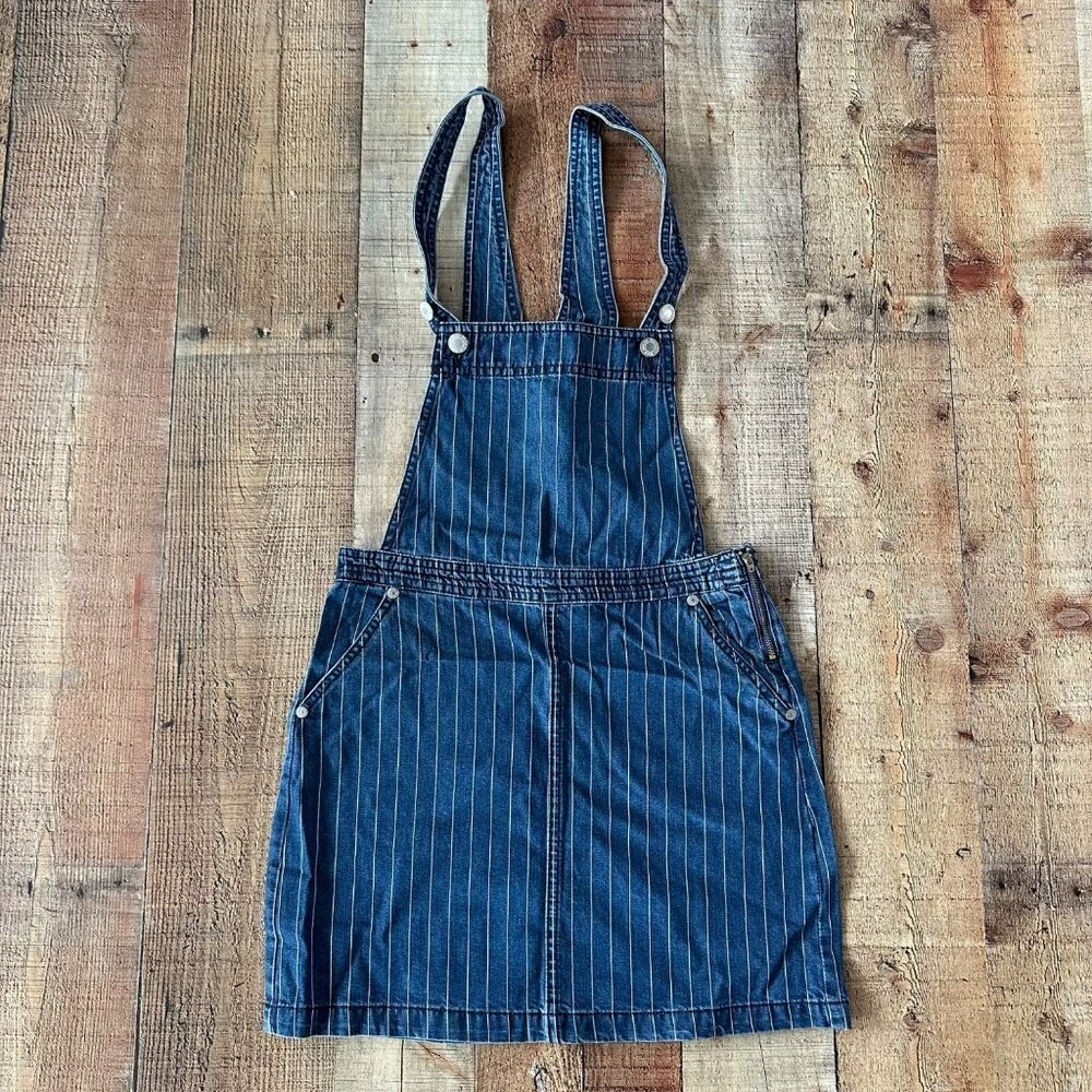 Brave Soul London Denim Dungaree mini dress blue pinstripe women's 8